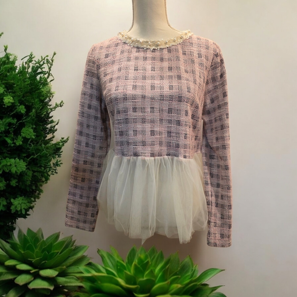 SHEIN Pink Checkered Blouse with Cream Tulle
